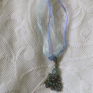 Blue & Gold Ribbon Necklace and Earring Set